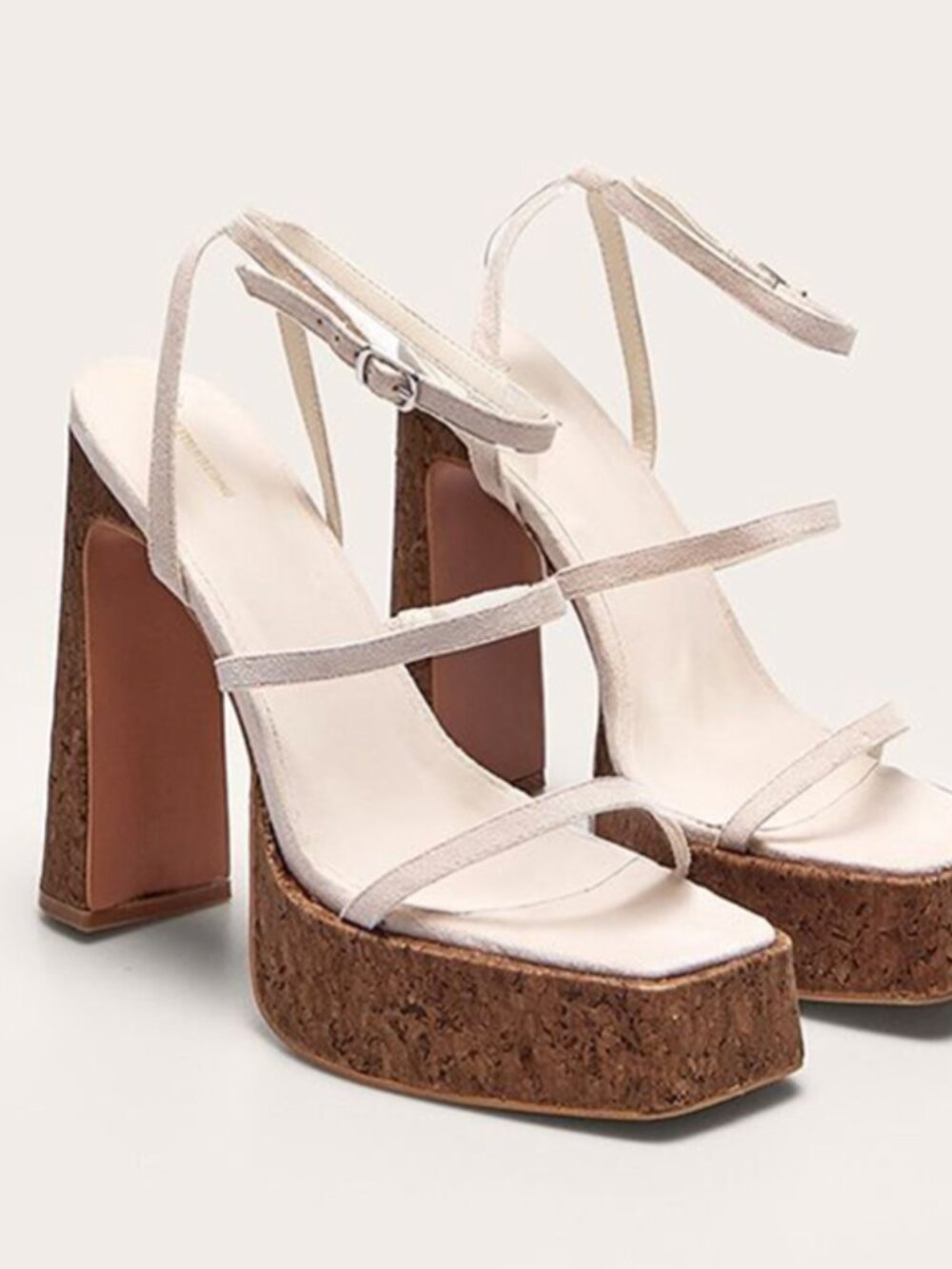 NEW Faux Suede Square Toe Platform Cork Heeled Sandals